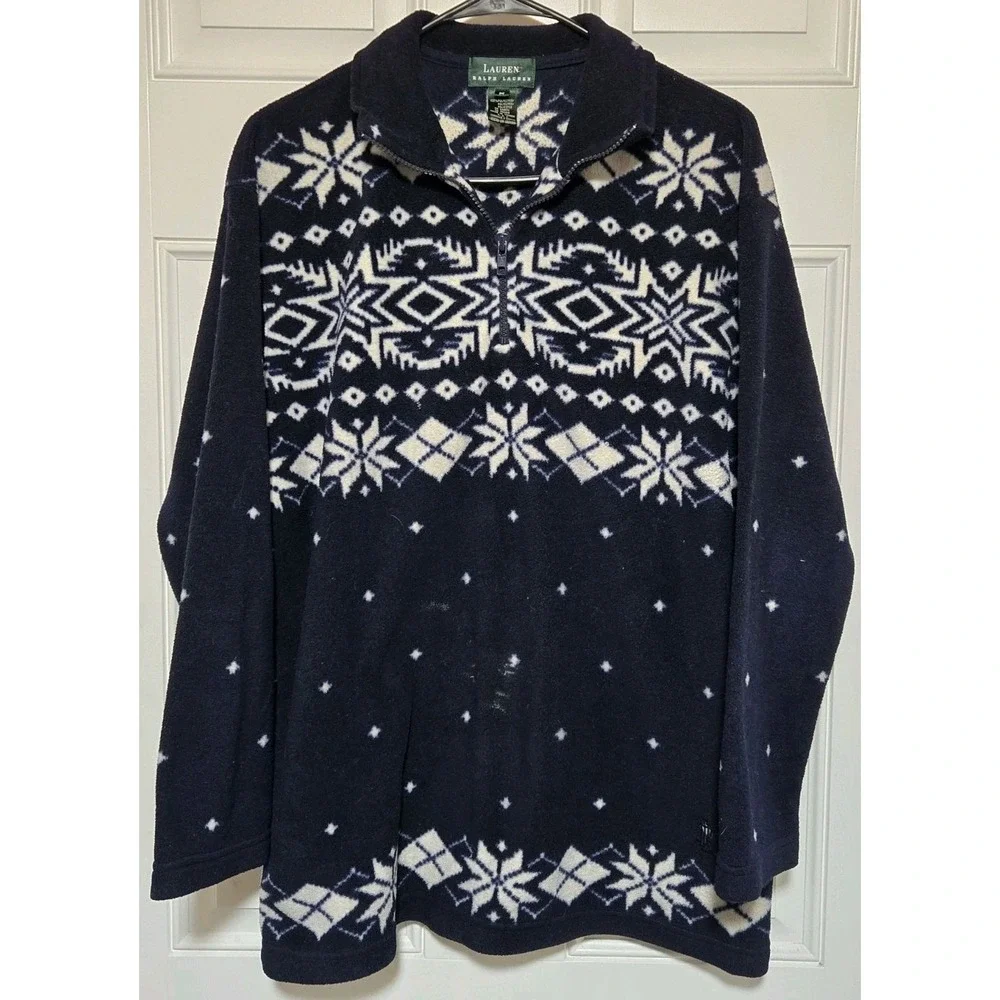 Vtg Ralph Lauren 1/4‎ Zip Womens Size Medium Blue Snowflakes Holiday Pullover